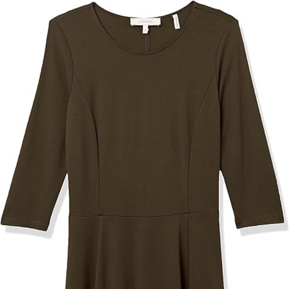 Lark & Ro Women's Three Quarter Sleeve Knit Fit and Flare Dress in Olive Green - Picture 1 of 7